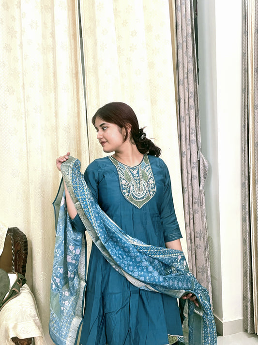 Blue Anarkali Set with Printed Dupatta
