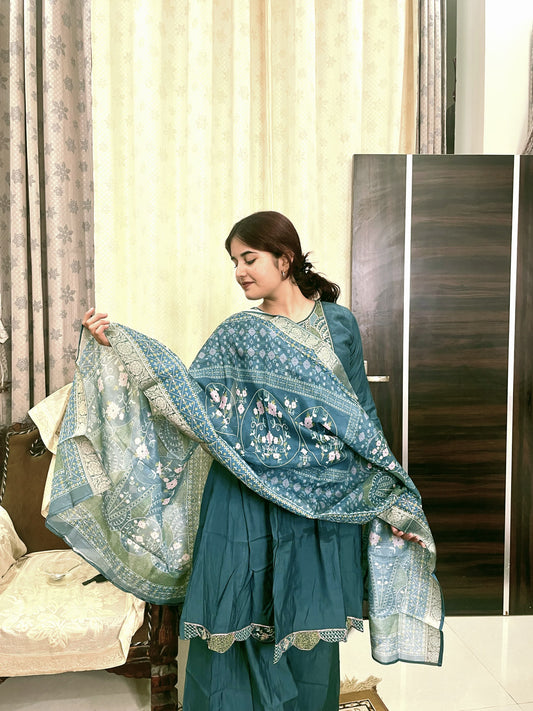 Blue Anarkali Set with Printed Dupatta