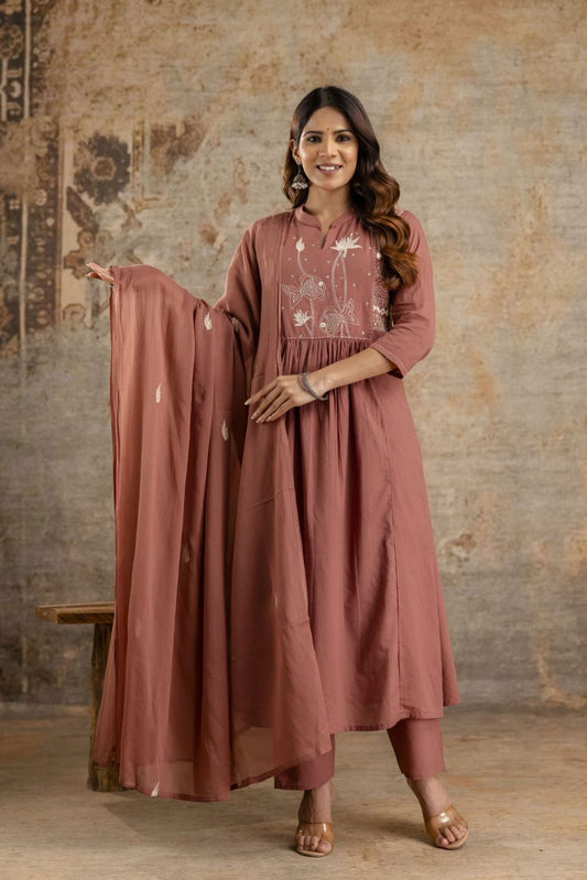 Rust Orange/ Brown  Embroidered Cotton Kurta Set with Dupatta