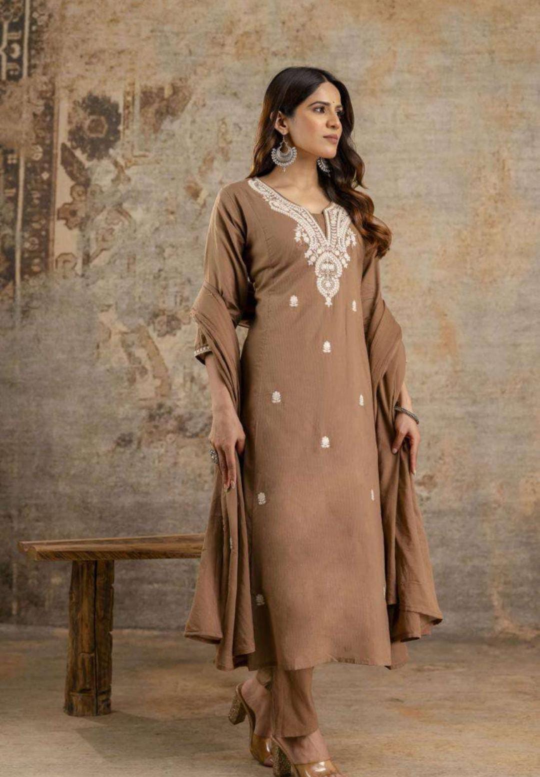 Coffee Brown Embroidered Kurta Set