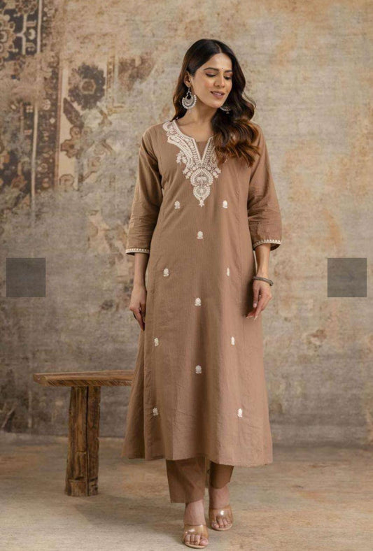 Coffee Brown Embroidered Kurta Set