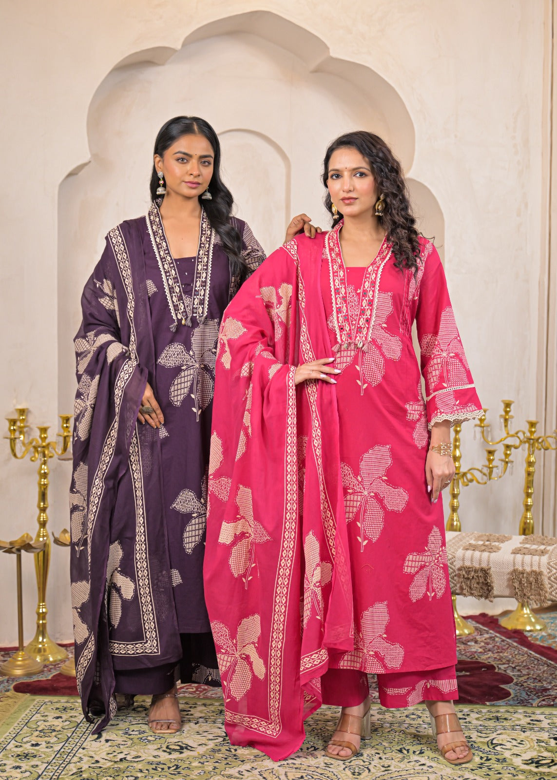 Deep Purple/Hot Pink  Printed Kurta Set with Dupatta