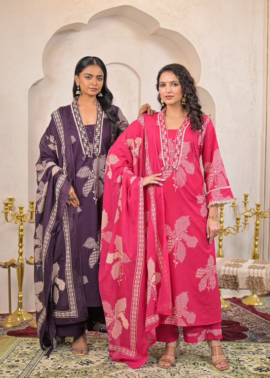 Deep Purple/Hot Pink  Printed Kurta Set with Dupatta