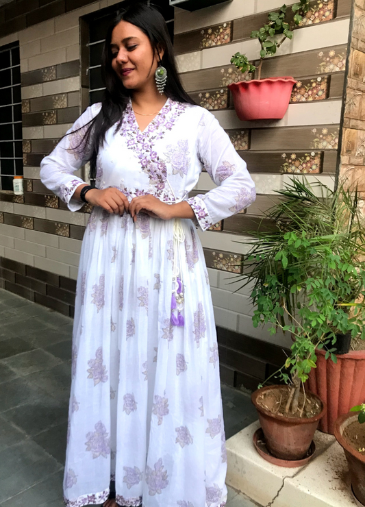 White Anarkali Cotton Suit with Lavender Handblock Print & Dupatta