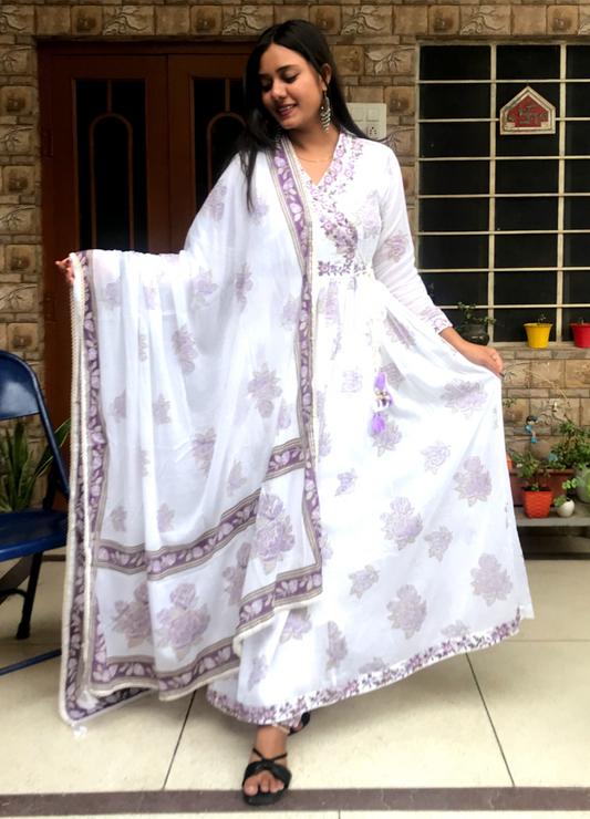 White Anarkali Cotton Suit with Lavender Handblock Print & Dupatta