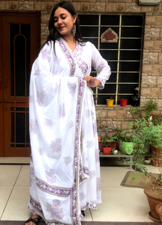 White Anarkali Cotton Suit with Lavender Handblock Print & Dupatta