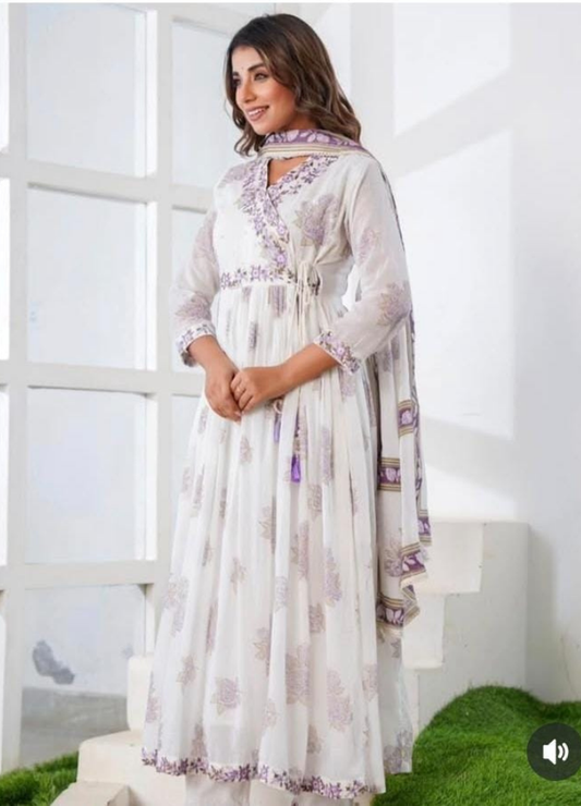 White Lavender Angrakha Anarkali Kurta Set with Dupatta