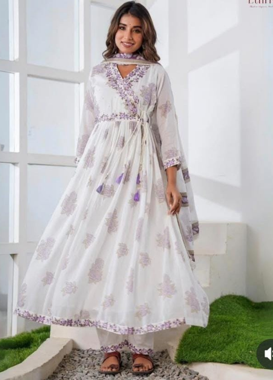 White Lavender Angrakha Anarkali Kurta Set with Dupatta