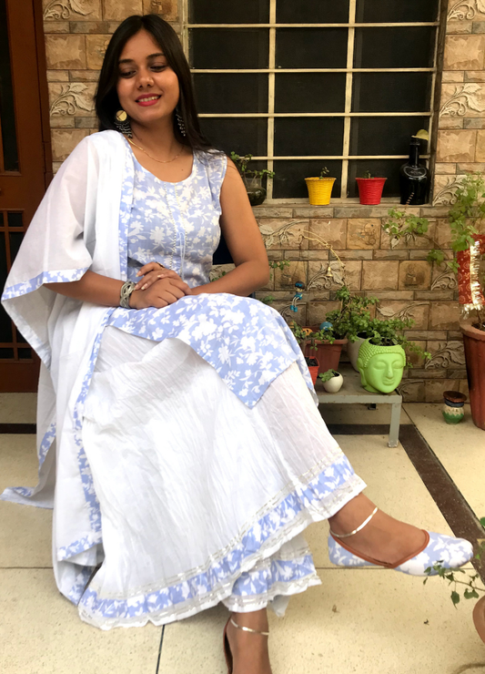 White Cotton Sharara Set with Lavender Floral Print