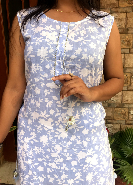 White Cotton Sharara Set with Lavender Floral Print