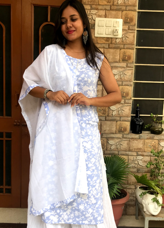 White Cotton Sharara Set with Lavender Floral Print