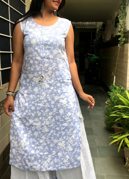 White Cotton Sharara Set with Lavender Floral Print