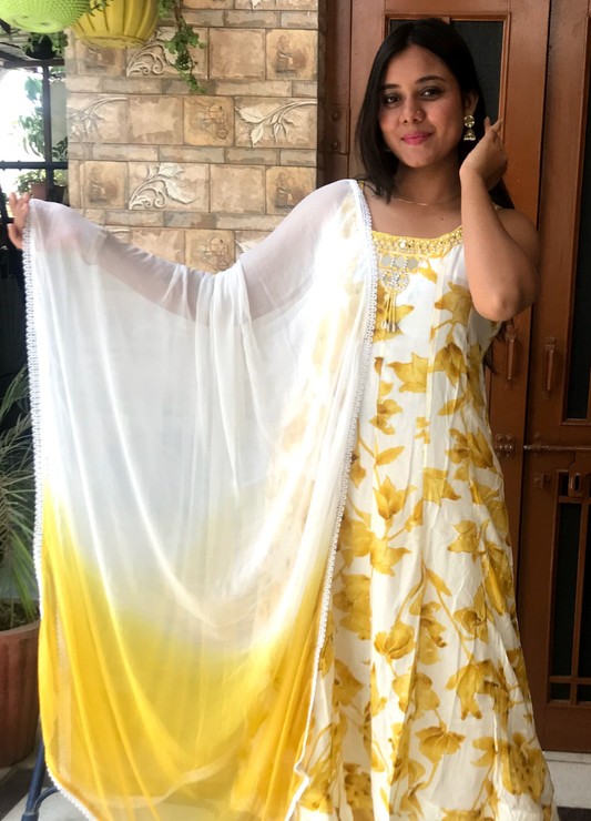 Yellow Floral Printed Long Gown Dress for Women