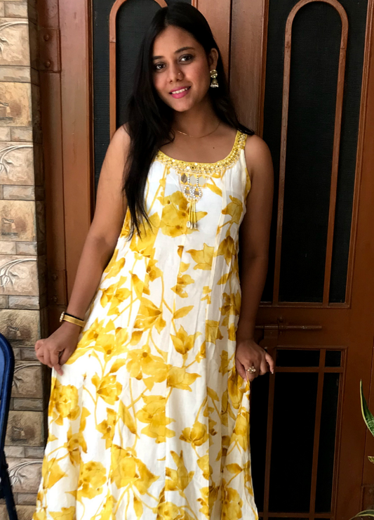 Yellow Floral Printed Long Gown Dress for Women
