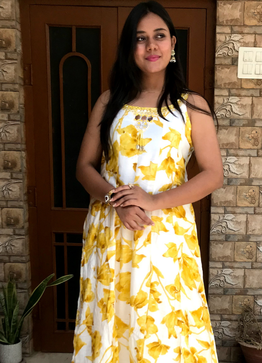 Yellow Floral Printed Long Gown Dress for Women