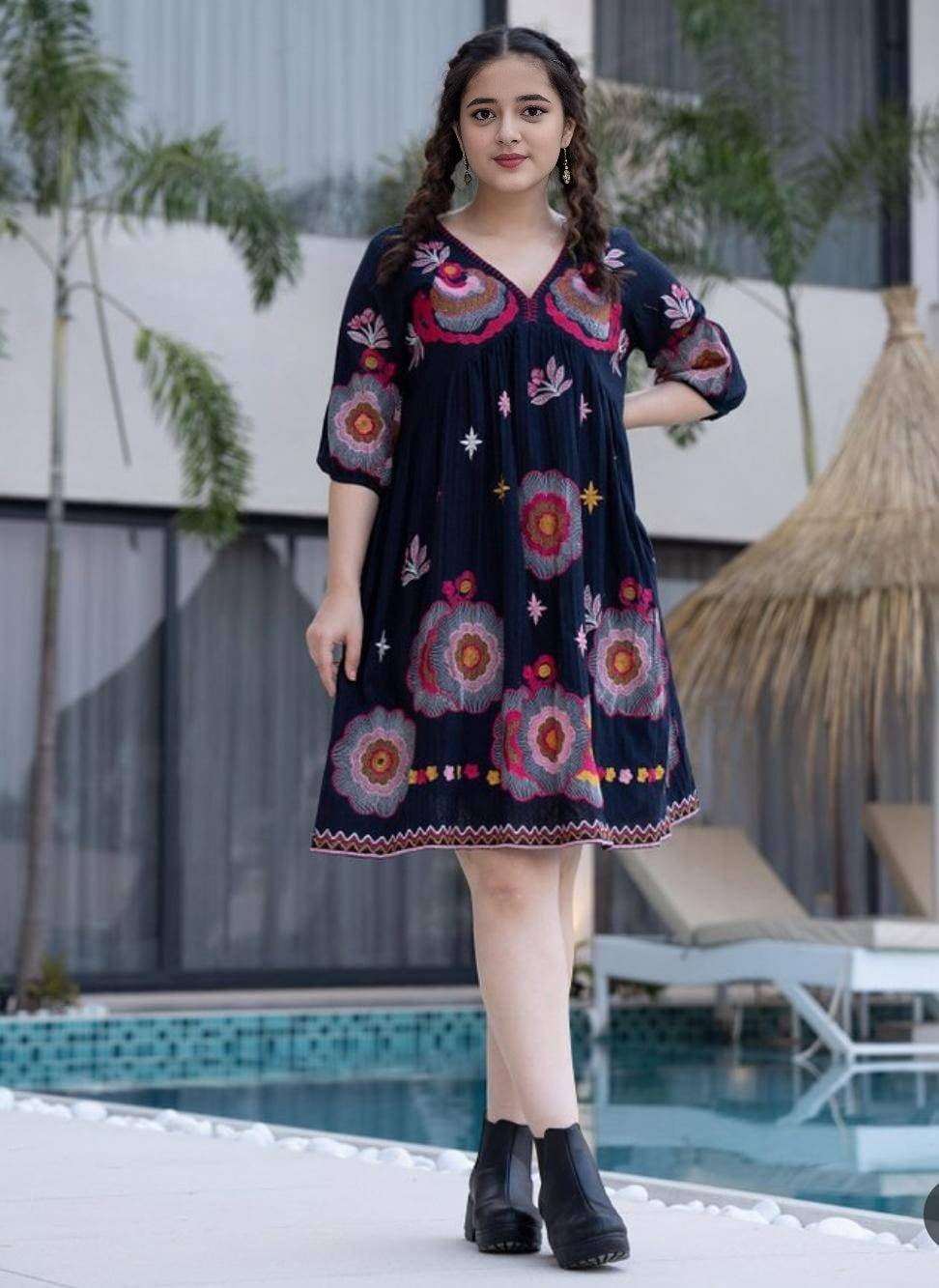 Navy Boho Embroidered Babydoll Tunic Dress