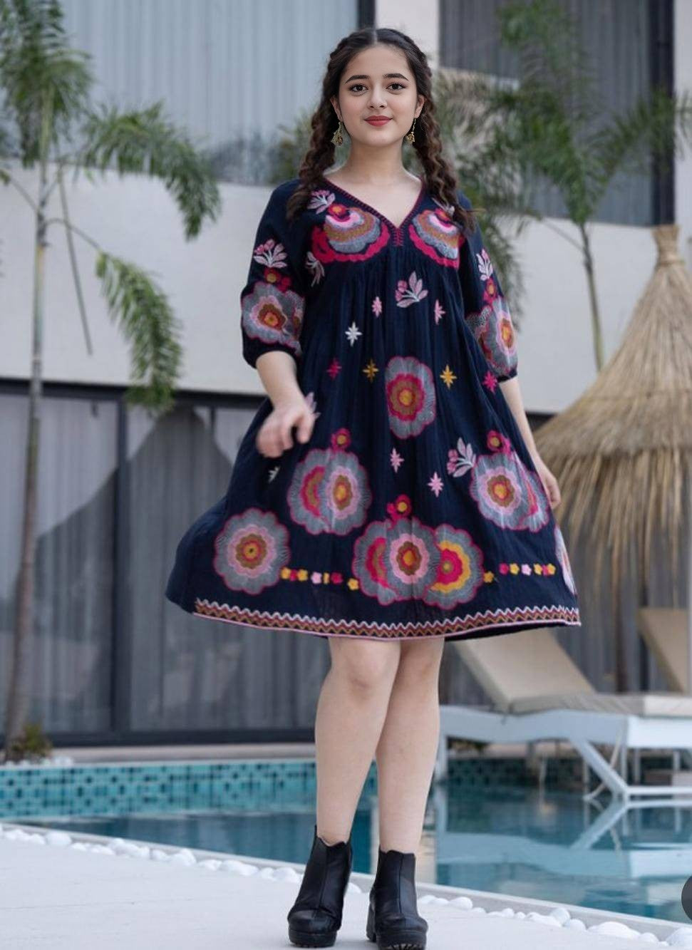 Navy Boho Embroidered Babydoll Tunic Dress