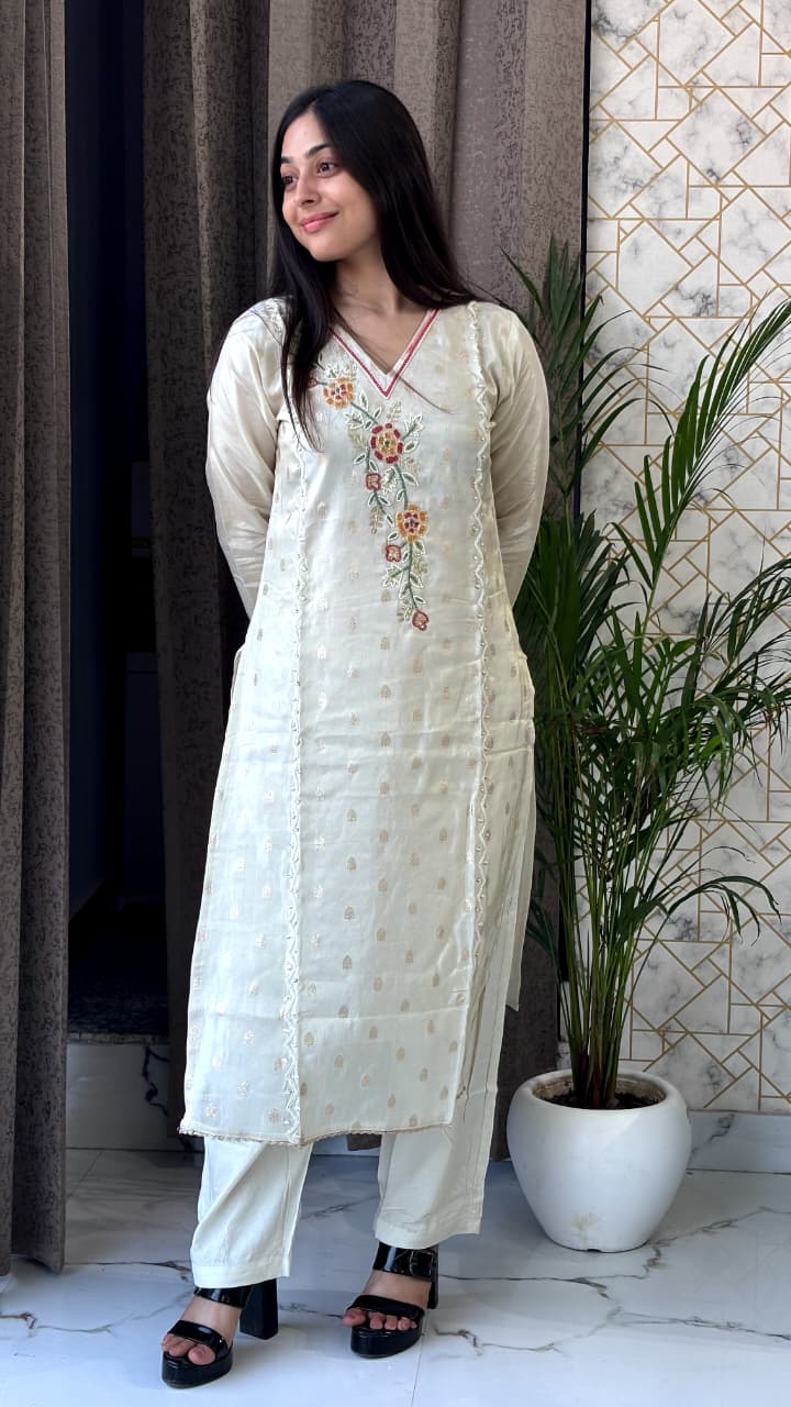 Ivory White Embroidered Kurta Set with Dupatta