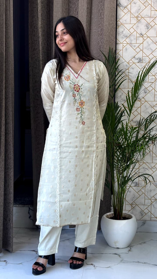 Ivory White Embroidered Kurta Set with Dupatta