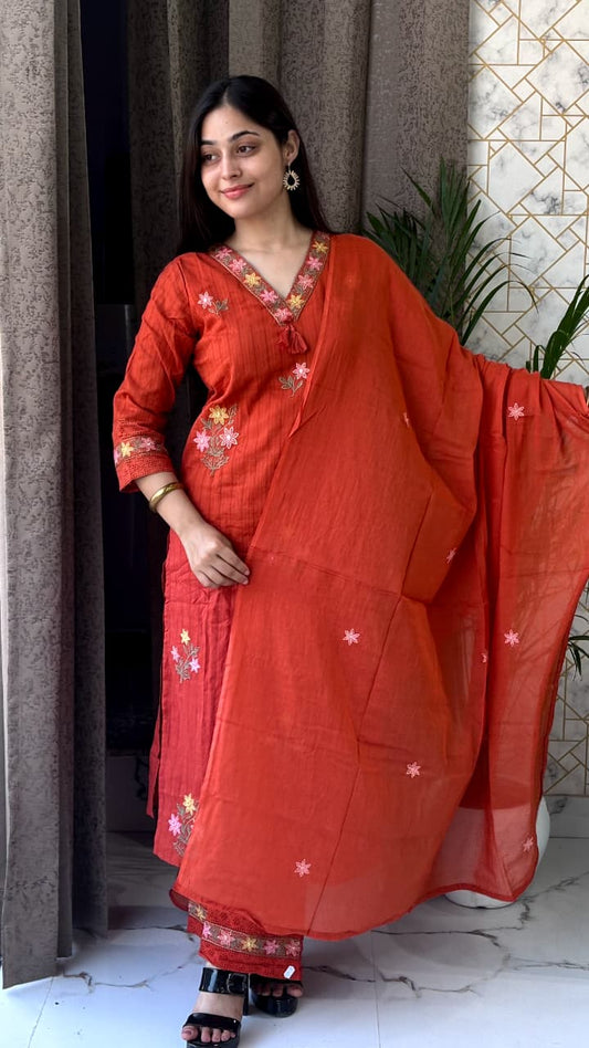 Elegant Rust Orange Cotton Kurta Set with Floral Embroidery & Dupatta