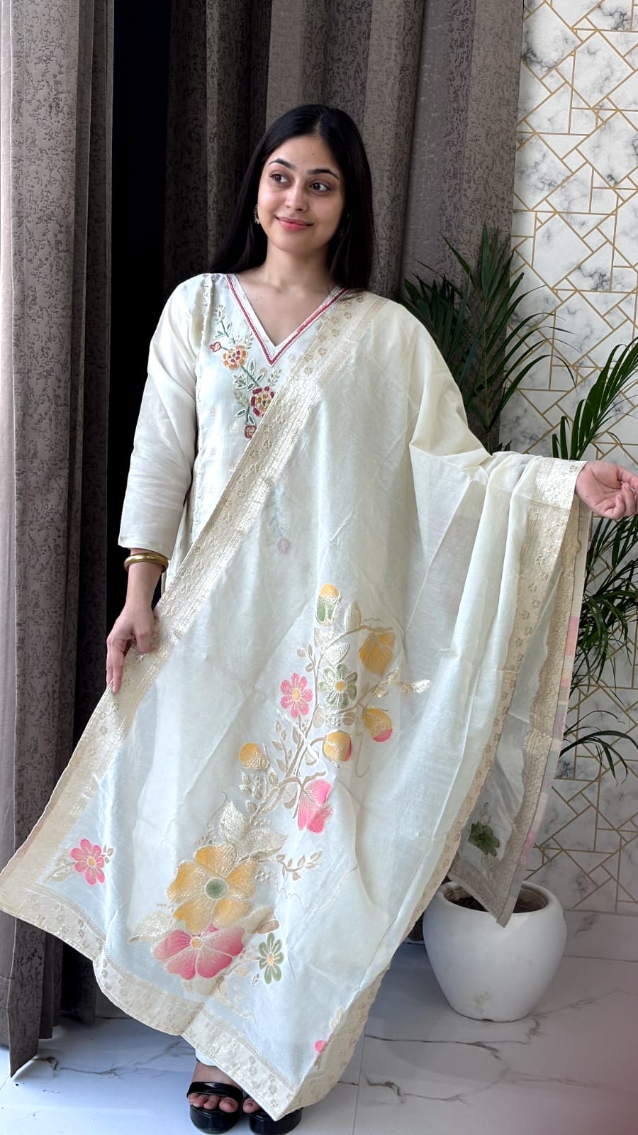 Ivory White Embroidered Kurta Set with Dupatta