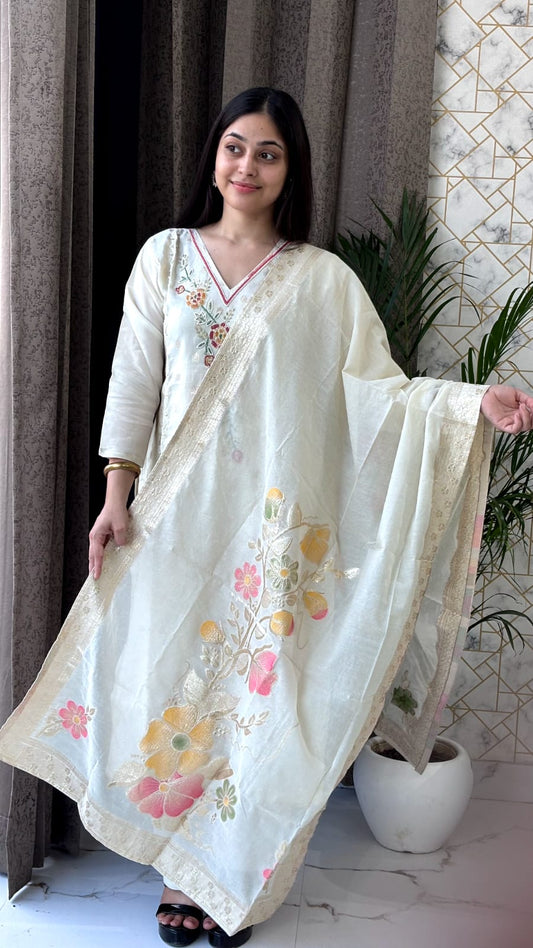 Ivory White Embroidered Kurta Set with Dupatta