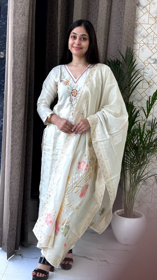 Ivory White Embroidered Kurta Set with Dupatta
